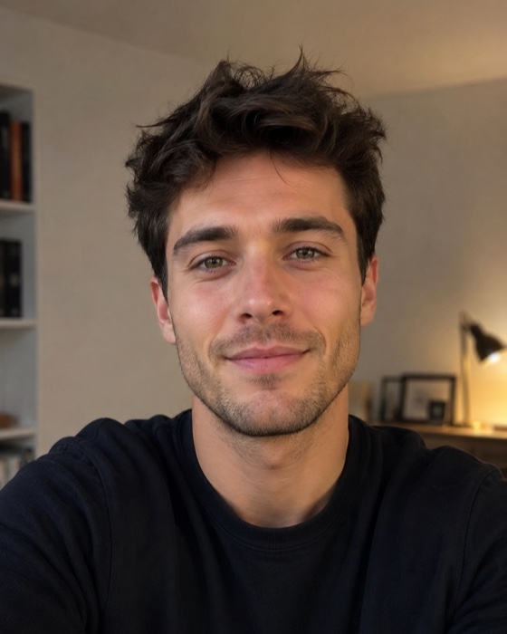 A young man smiling in a video chat window